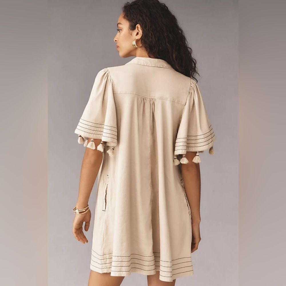 Anthropologie Maeve Collared Linen Button-Front Tassel Mini Dress NWT - Picture 3 of 9